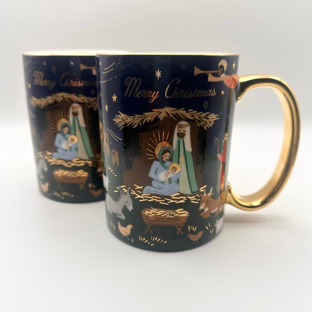 Rifle Paper Co. Navy Blue Gold Joy To The World Christmas Nativity Mugs Set 2